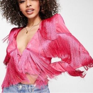 Asos Pink Fringed Women's Blazer NWT Size 6 Shoulder Pad Bachelorette Festival
